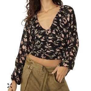 Free People Black and Pink Floral Blouse